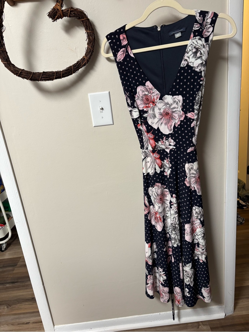 Floral V-Neck Navy Dress with Pink Blooms